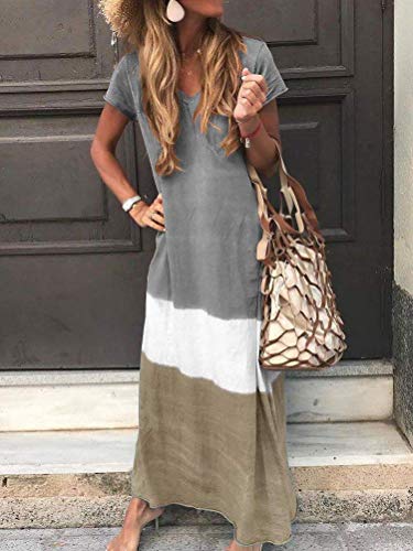 Onsoyours Mujeres Boho Vestido Verano Elegante Casual Playa Cuello V Manga Corta Largos Verano Suelto Maxi Vestido Playeros A Gris 40