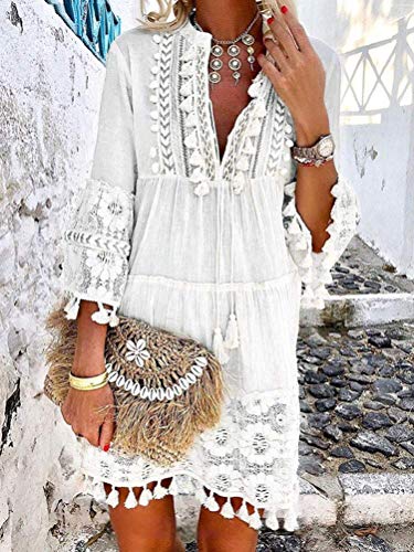 Onsoyours Vestido Casual Manga 3/4 De Encaje Boho Playa para Mujeres Verano Suelto Borla V Cuello SóLido Talla Grande Blusa A Blanco 14