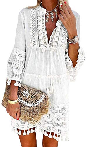 Onsoyours Vestido Casual Manga 3/4 De Encaje Boho Playa para Mujeres Verano Suelto Borla V Cuello SóLido Talla Grande Blusa A Blanco 14