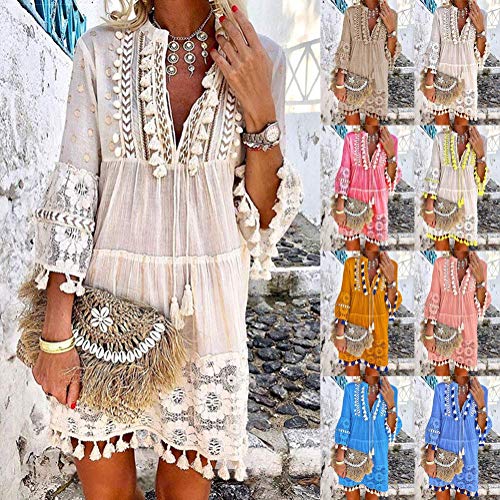 Onsoyours Vestido Casual Manga 3/4 De Encaje Boho Playa para Mujeres Verano Suelto Borla V Cuello SóLido Talla Grande Blusa A Caqui 16
