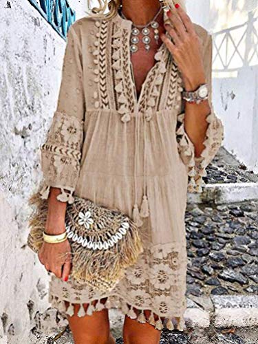 Onsoyours Vestido Casual Manga 3/4 De Encaje Boho Playa para Mujeres Verano Suelto Borla V Cuello SóLido Talla Grande Blusa A Caqui 16