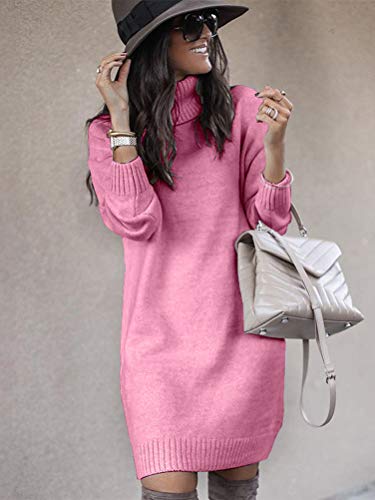 Onsoyours Vestido Suéter para Mujer Jersey De Punto Cálido Elegante Manga Larga Cuello Alto Túnica Color Sólido Otoño Invierno Mini Vestido Dress Rosa S