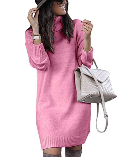 Onsoyours Vestido Suéter para Mujer Jersey De Punto Cálido Elegante Manga Larga Cuello Alto Túnica Color Sólido Otoño Invierno Mini Vestido Dress Rosa S