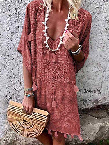 Onsoyours Vestidos Mujer Casual Playa Verano Falda Vestido Playeros 3/4 Mangas Vestido Camiseta Floja Vestido Rojo 42