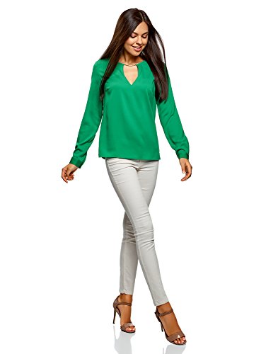 oodji Collection Mujer Blusa con Escote Gota y Decoración Metálica, Verde, ES 36 / XS
