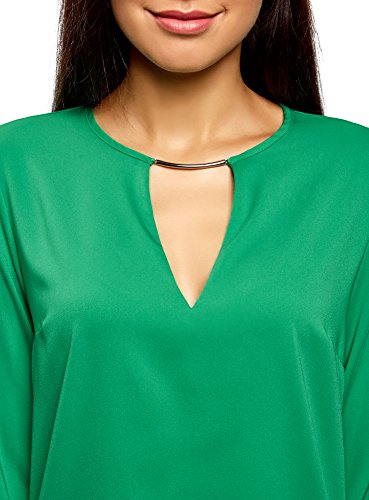 oodji Collection Mujer Blusa con Escote Gota y Decoración Metálica, Verde, ES 36 / XS
