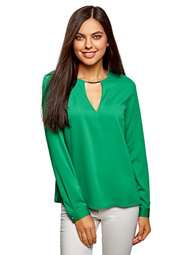 oodji Collection Mujer Blusa con Escote Gota y Decoración Metálica, Verde, ES 36 / XS