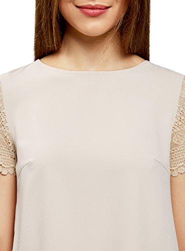oodji Collection Mujer Blusa con Mangas de Encaje, Beige, ES 42 / L