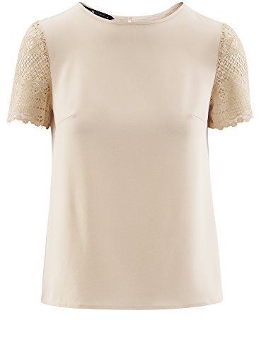oodji Collection Mujer Blusa con Mangas de Encaje, Beige, ES 42 / L