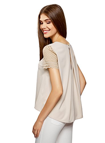 oodji Collection Mujer Blusa con Mangas de Encaje, Beige, ES 42 / L