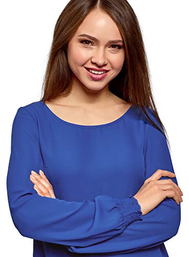 oodji Collection Mujer Blusa de Tejido Fluido con Cuello Redondo, Azul, ES 42 / L