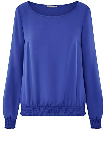 oodji Collection Mujer Blusa de Tejido Fluido con Cuello Redondo, Azul, ES 42 / L