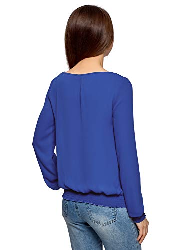 oodji Collection Mujer Blusa de Tejido Fluido con Cuello Redondo, Azul, ES 42 / L