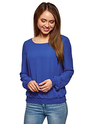 oodji Collection Mujer Blusa de Tejido Fluido con Cuello Redondo, Azul, ES 42 / L