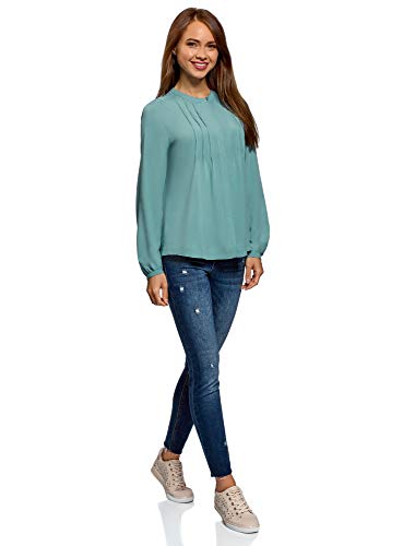 oodji Collection Mujer Blusa de Viscosa con Puntadas en el Pecho, Turquesa, ES 42 / L