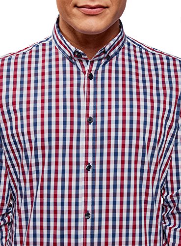 oodji Ultra Hombre Camisa Entallada a Cuadros, Rojo, 42