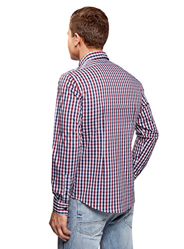 oodji Ultra Hombre Camisa Entallada a Cuadros, Rojo, 42