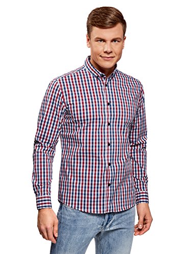 oodji Ultra Hombre Camisa Entallada a Cuadros, Rojo, 42