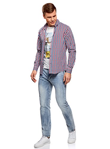 oodji Ultra Hombre Camisa Entallada a Cuadros, Rojo, 42