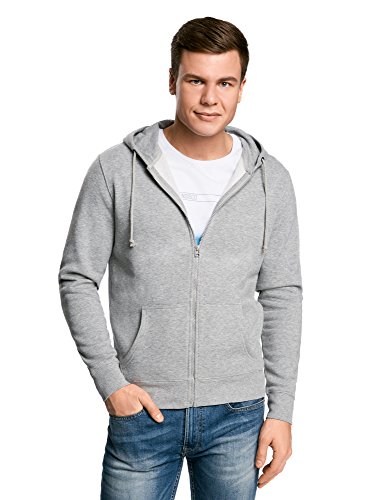 oodji Ultra Hombre Sudadera con Cremallera y Capucha, Gris, ES 44 / XS