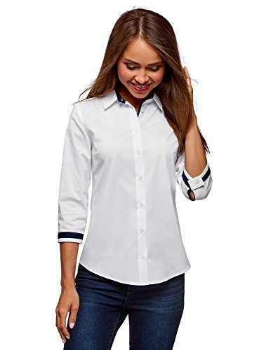 oodji Ultra Mujer Blusa de Algodón de Manga 3/4, Blanco, ES 38 / S