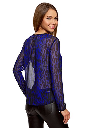 oodji Ultra Mujer Blusa de Tejido Fluido con Acabado en Contraste, Azul, ES 38 / S