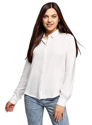 oodji Ultra Mujer Blusa de Viscosa con Cuello de Solapa, Blanco, ES 38 / S