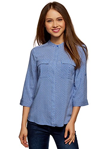 oodji Ultra Mujer Blusa de Viscosa con Longitud de Mangas Regulable, Azul, ES 40 / M