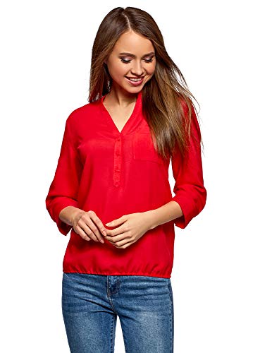 oodji Ultra Mujer Blusa de Viscosa con Mangas 3/4 Transformables, Rojo, ES 36 / XS