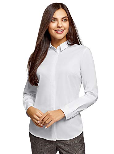 oodji Ultra Mujer Camisa Básica Entallada, Blanco, ES 34 / XXS