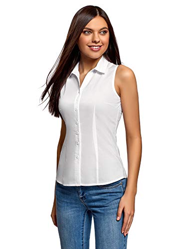 oodji Ultra Mujer Camisa Básica sin Mangas, Blanco, ES 34 / XXS