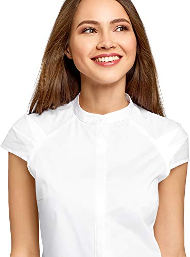oodji Ultra Mujer Camisa con Cuello Mao de Manga Corta Raglán, Blanco, ES 44 / XL