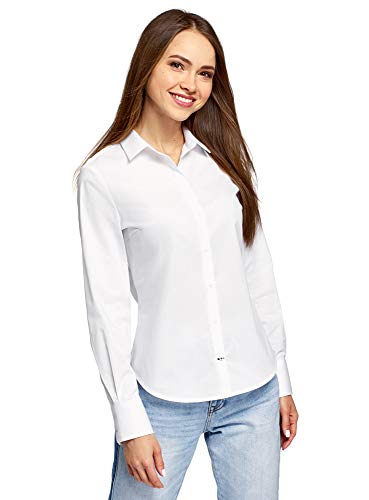 oodji Ultra Mujer Camisa de Algodón con Cuello de Solapa, Blanco, ES 36 / XS