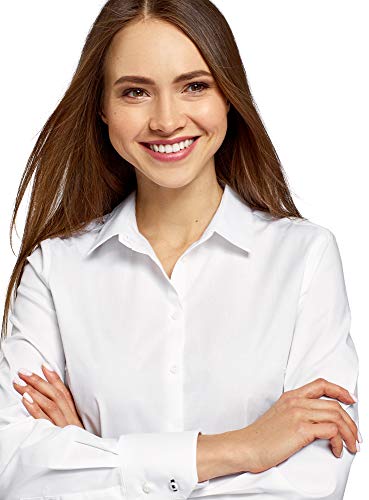 oodji Ultra Mujer Camisa de Algodón con Cuello de Solapa, Blanco, ES 44 / XL