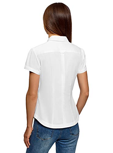 oodji Ultra Mujer Camisa de Algodón de Manga Corta, Blanco, ES 36 / XS