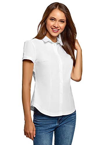 oodji Ultra Mujer Camisa de Algodón de Manga Corta, Blanco, ES 36 / XS