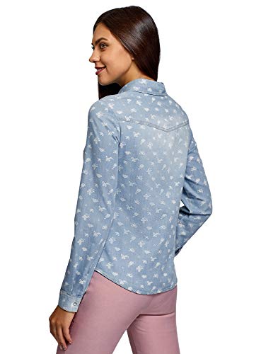 oodji Ultra Mujer Camisa Vaquera con Botones a Presión, Azul, ES 36 / XS