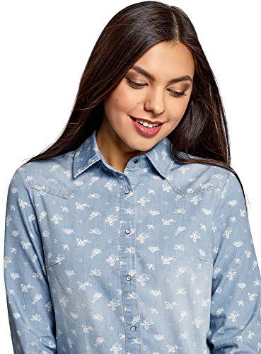 oodji Ultra Mujer Camisa Vaquera con Botones a Presión, Azul, ES 36 / XS