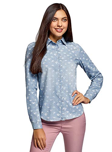 oodji Ultra Mujer Camisa Vaquera con Botones a Presión, Azul, ES 36 / XS
