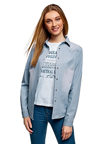 oodji Ultra Mujer Camisa Vaquera con Botones a Presión, Azul, ES 44 / XL