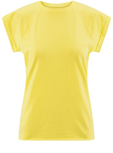 oodji Ultra Mujer Camiseta de Algodón Básica con Borde No Elaborado, Amarillo, ES 36 / XS