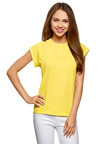oodji Ultra Mujer Camiseta de Algodón Básica con Borde No Elaborado, Amarillo, ES 36 / XS