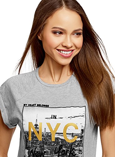 oodji Ultra Mujer Camiseta de Algodón con Estampado Urbano, Gris, ES 38 / S