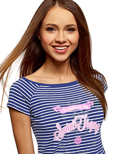 oodji Ultra Mujer Camiseta Estampado Estilo Marinero, Azul, ES 38 / S