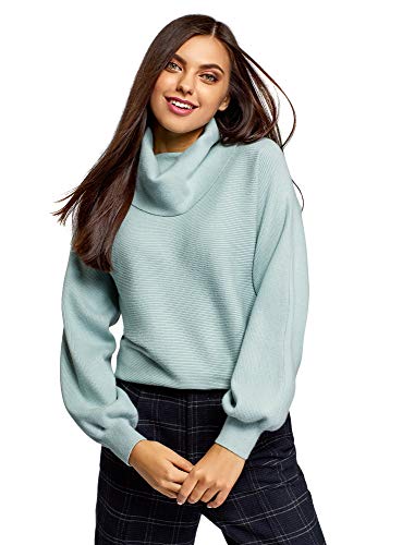 oodji Ultra Mujer Jersey con Cuello Chimenea y Mangas Voluminosas, Turquesa, ES 40 / M