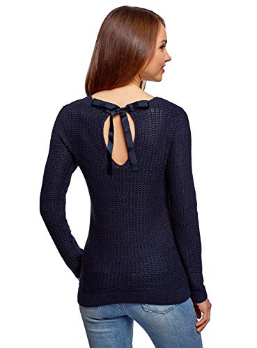 oodji Ultra Mujer Jersey con Lazos y Escote Gota en la Espalda, Azul, ES 36 / XS