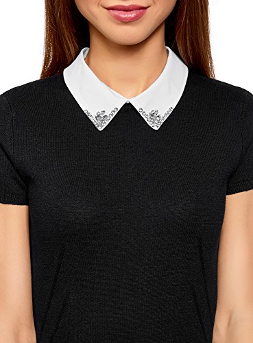 oodji Ultra Mujer Jersey de Manga Corta con Decoración en el Cuello, Negro, ES 36 / XS