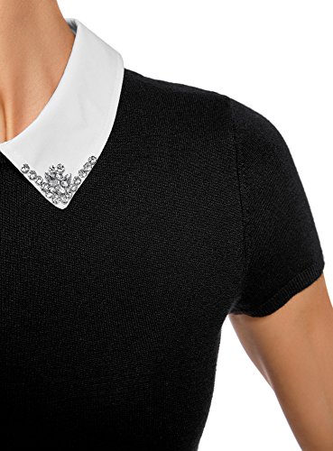 oodji Ultra Mujer Jersey de Manga Corta con Decoración en el Cuello, Negro, ES 36 / XS