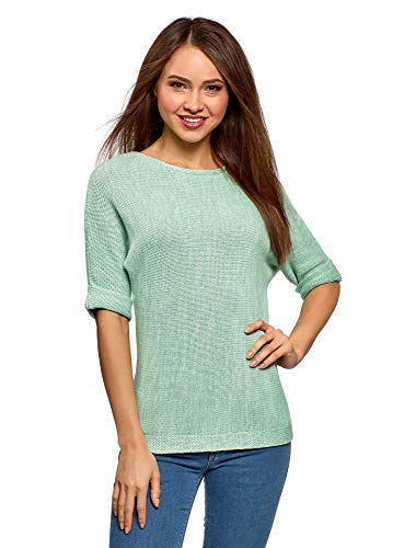 oodji Ultra Mujer Jersey Holgado con Cuello Barco, Verde, ES 38 / S