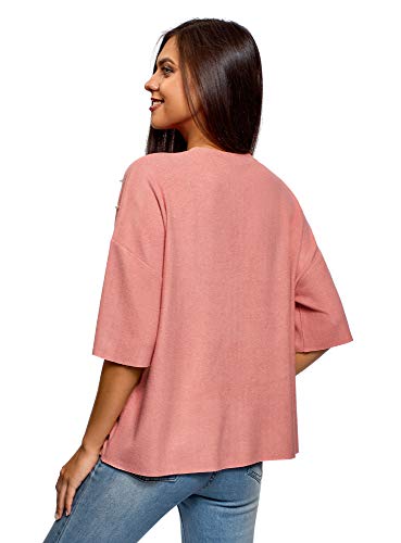 oodji Ultra Mujer Jersey Oversize con Perlas Artificiales y Borde Inferior y Mangas No Elaborados, Rosa, ES 40 / M